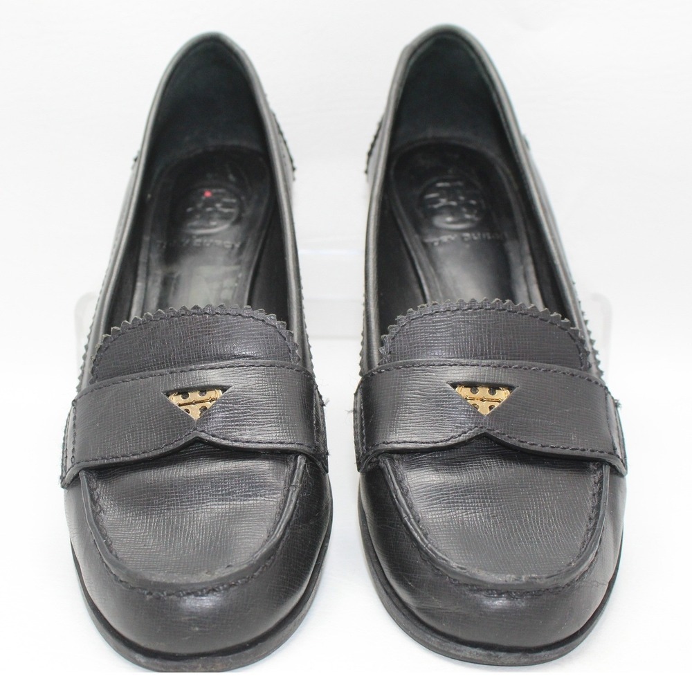 Tory Burch Classic Womens Black Leather Penny Loafers Gold Logo Shoes Size 7.5M